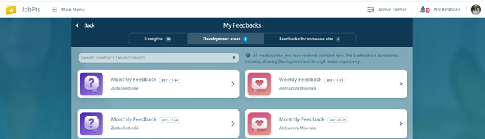 My Feedbacks Page development areas